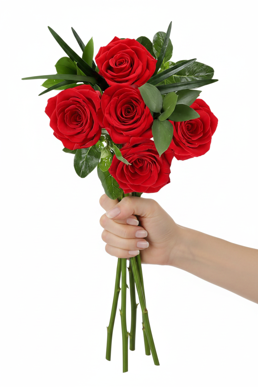 Bouquet rosas rojas en mano de mujer