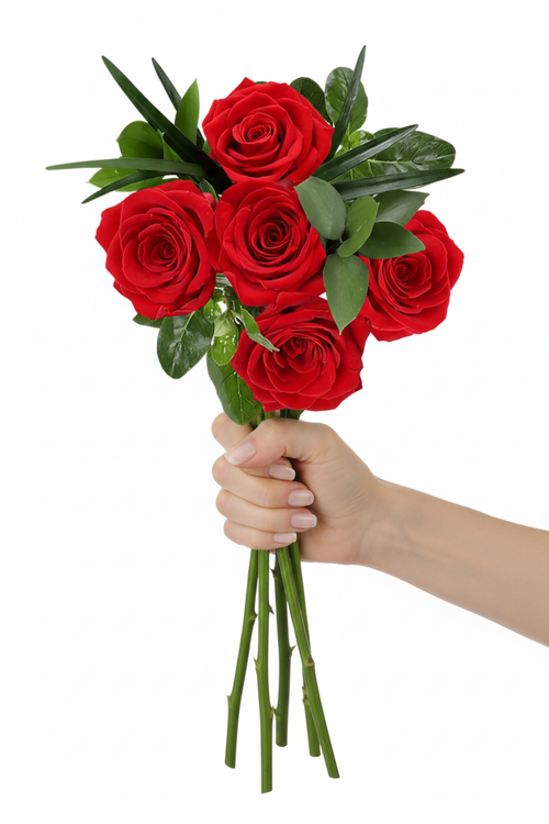 Bouquet rosas rojas en mano de mujer
