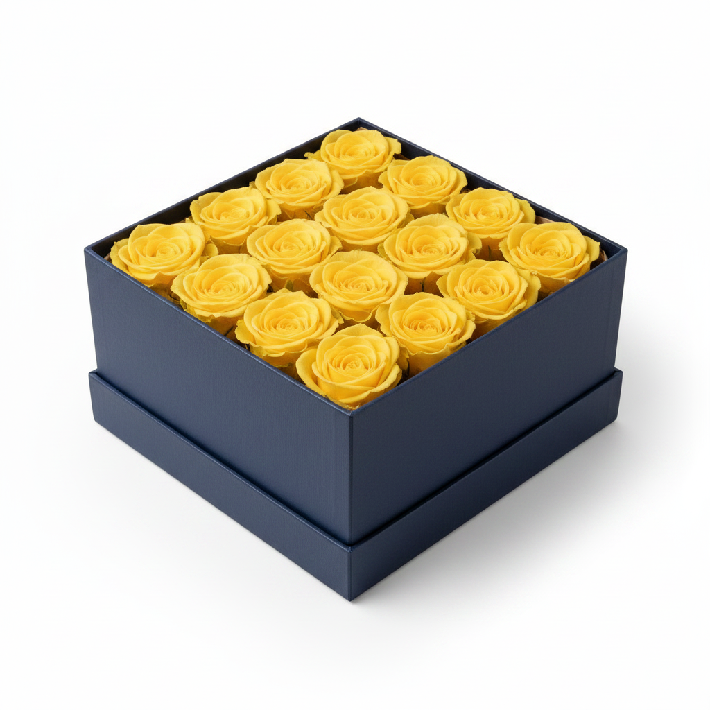 Caja de rosas amarillas vista completa