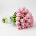 Elegant bouquet of fresh pink tulips with white ribbon