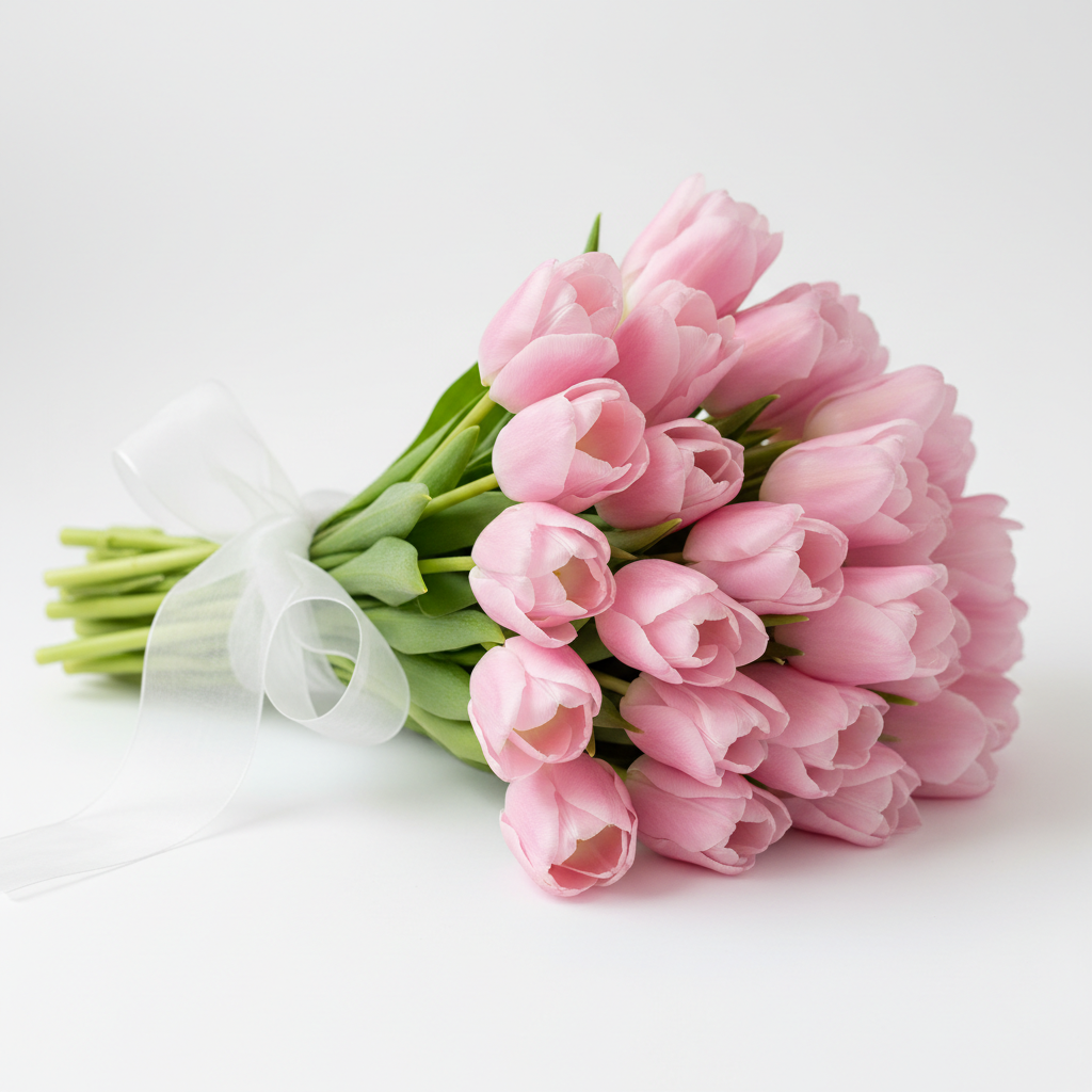 Elegant bouquet of fresh pink tulips with white ribbon