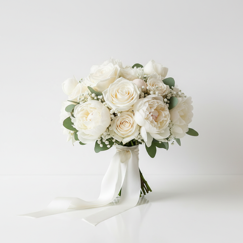 Elegant white wedding bouquet with roses and peonies