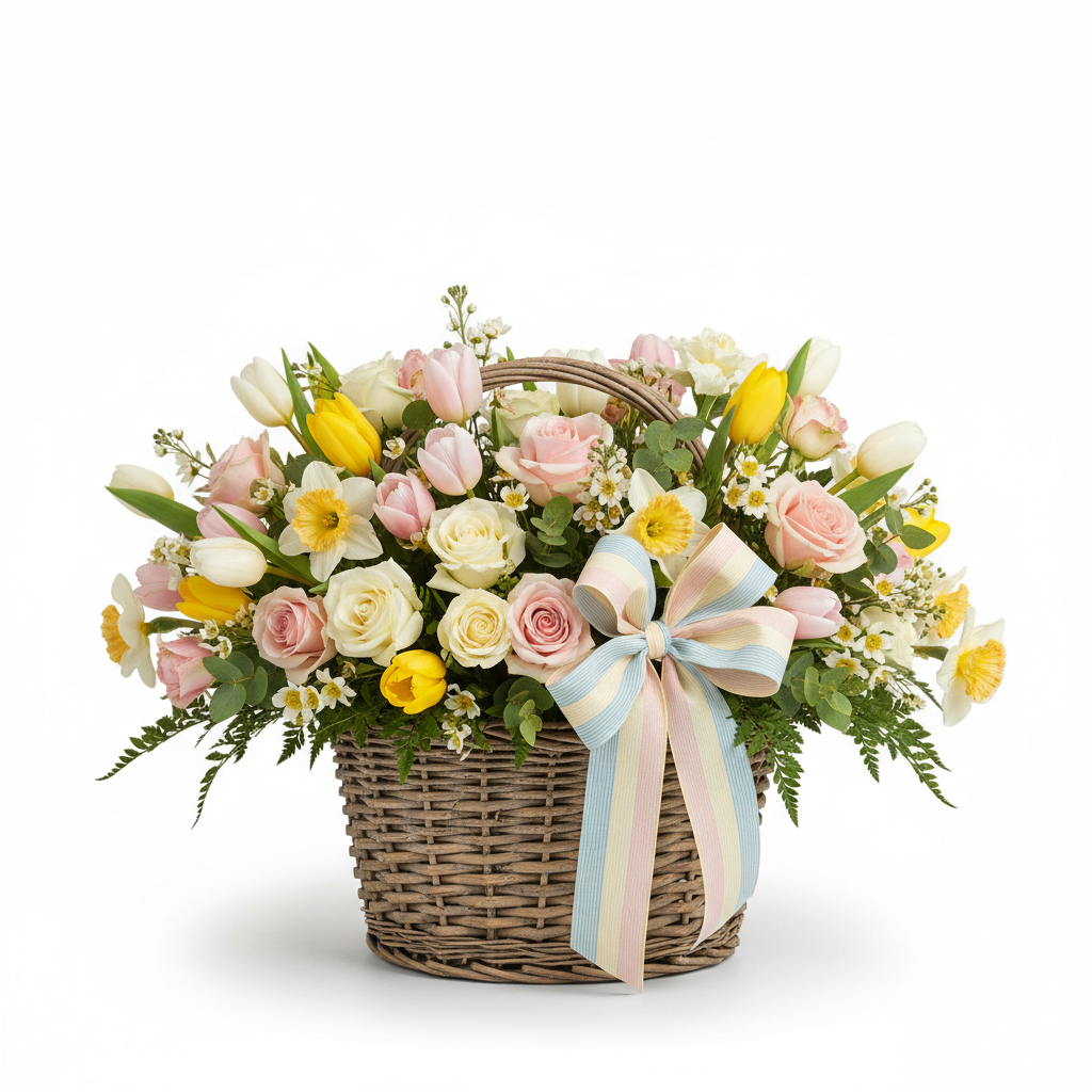 Easter flower basket with pastel roses tulips and daffodils in a wicker basket