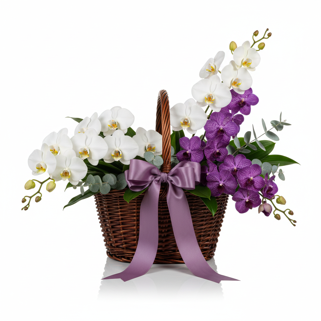 Easter orchid basket with white and purple orchids in sleek wicker basket