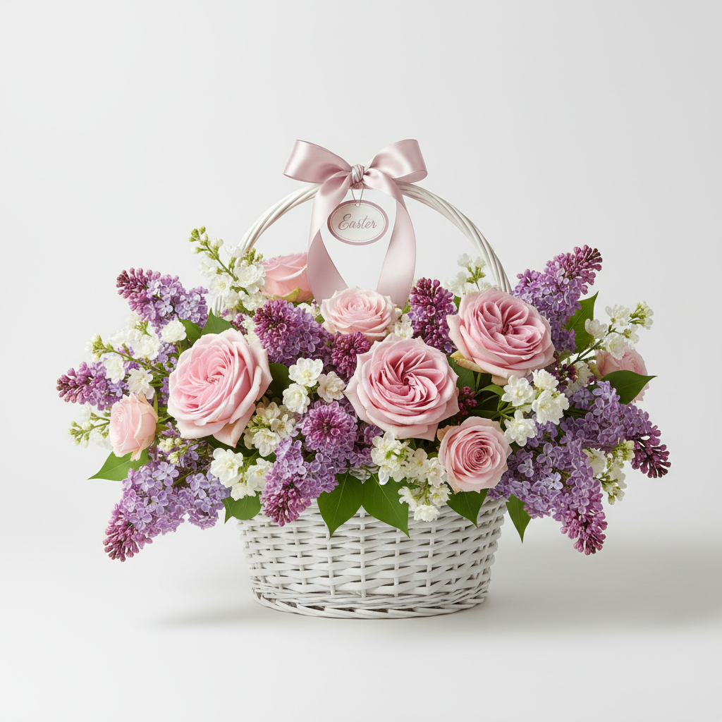 Easter basket with pink roses and purple lilacs in white wicker basket