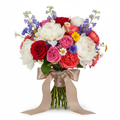 Elegant flower bouquet with mixed colorful blooms wrapped with a ribbon