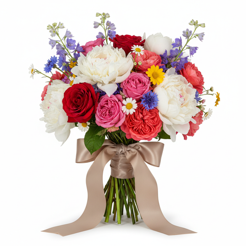 Elegant flower bouquet with mixed colorful blooms wrapped with a ribbon