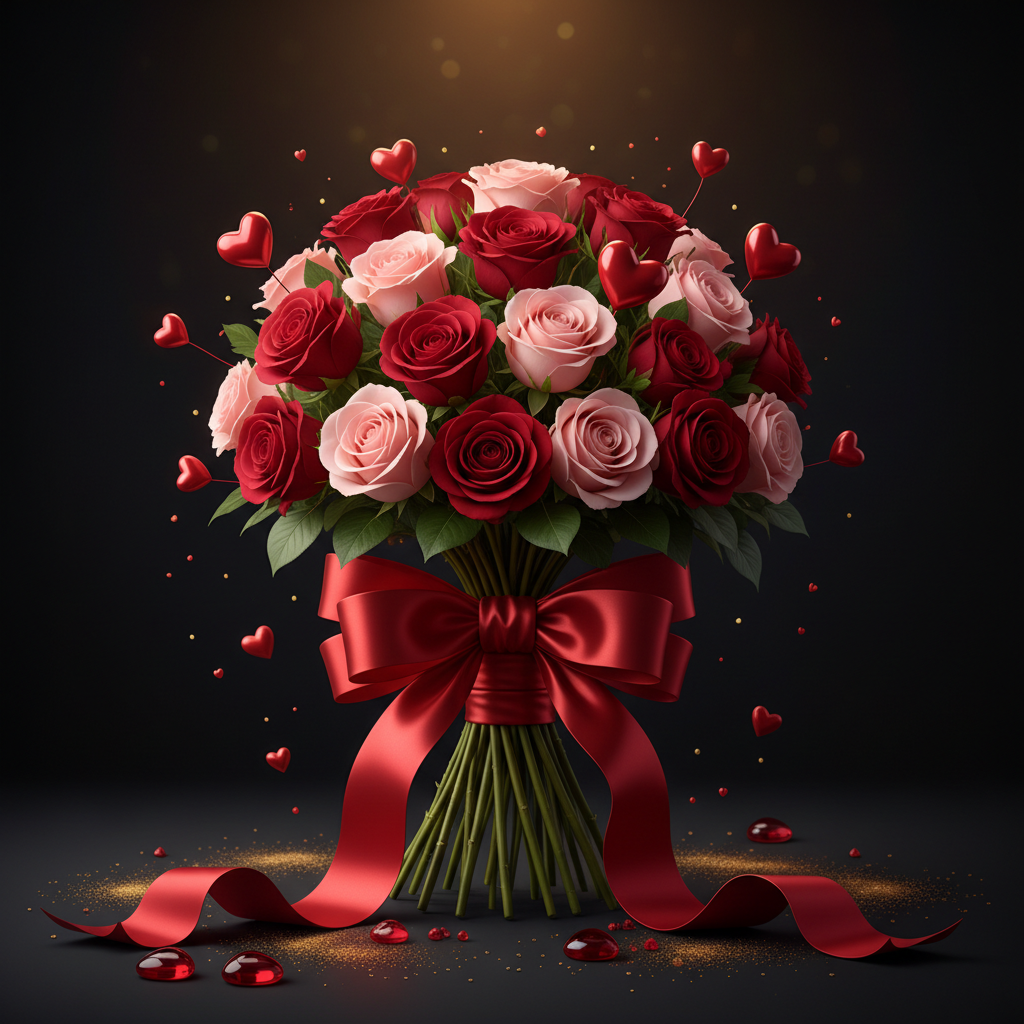 Romantic Valentine's Day bouquet with red and pink roses
