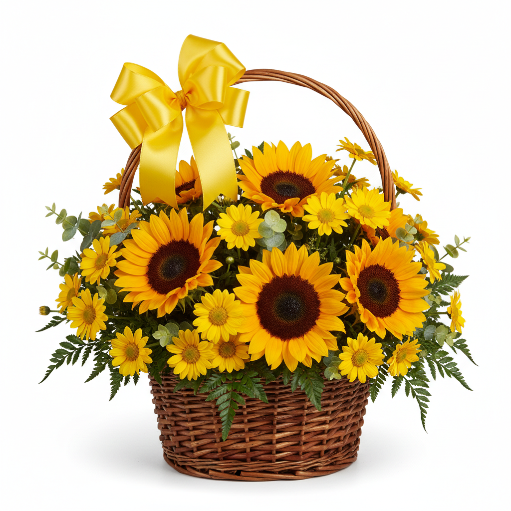 Easter sunflower basket with bright sunflowers and daisies in rustic wicker basket