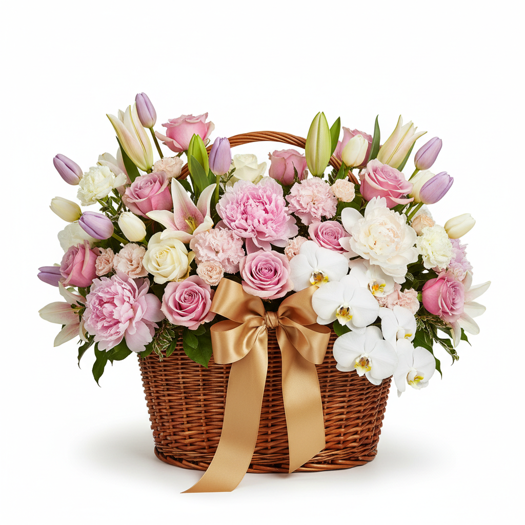 Luxurious Easter premium mixed flower basket with roses orchids tulips and peonies