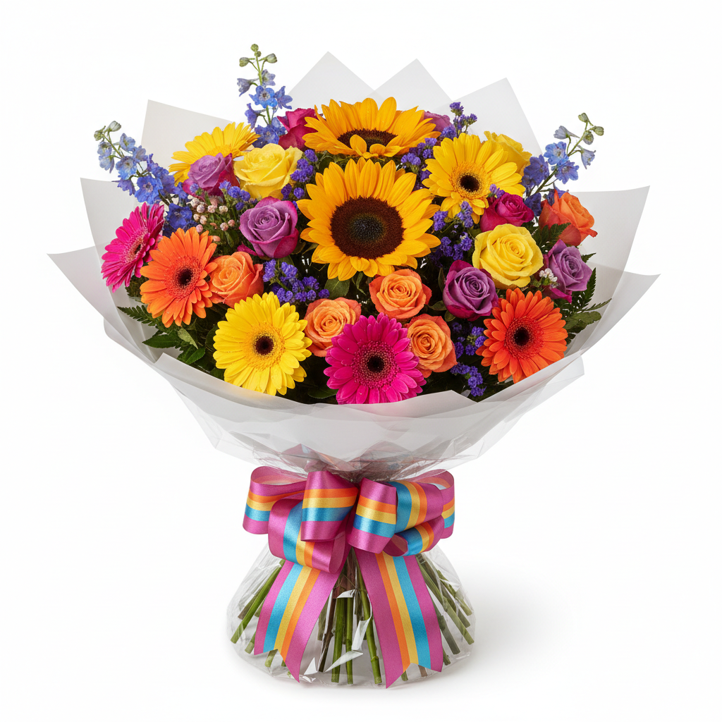 Vibrant colorful birthday flower bouquet with sunflowers and gerberas
